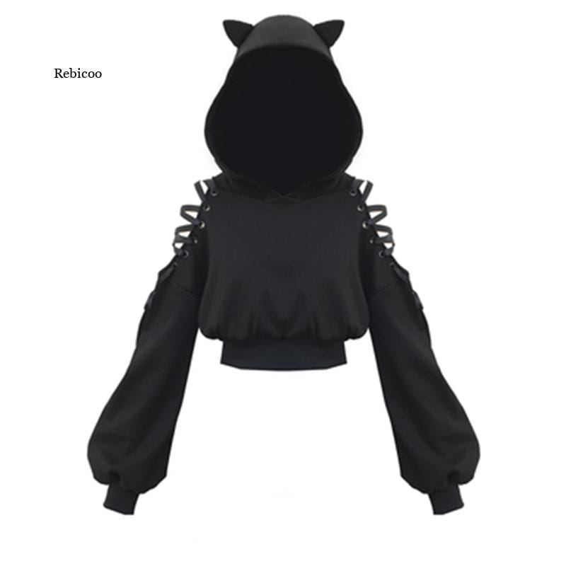 Gothic Women Sweatshirt Women's Long Sleeve Fleece Sweatshirt Warm Cat Ears Short Style Hoodie Pullover Womens Sweatshirts
