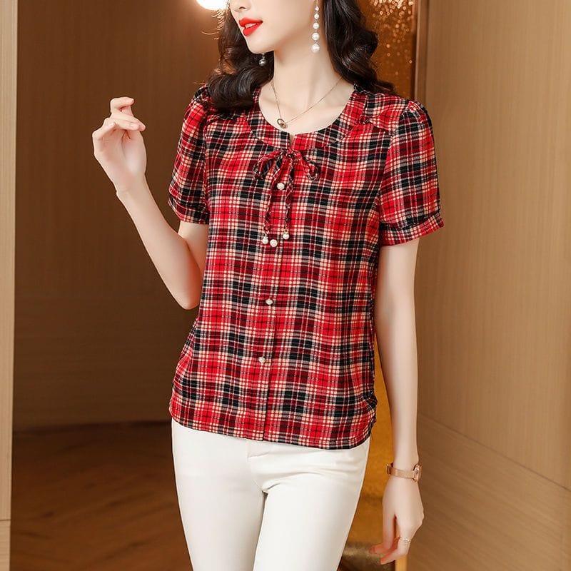 2023 New Fashion Trend Commuting Plaid Round Neck Tie Up Button Oversized Loose Casual Versatile Short Sleeved Women's Shirt