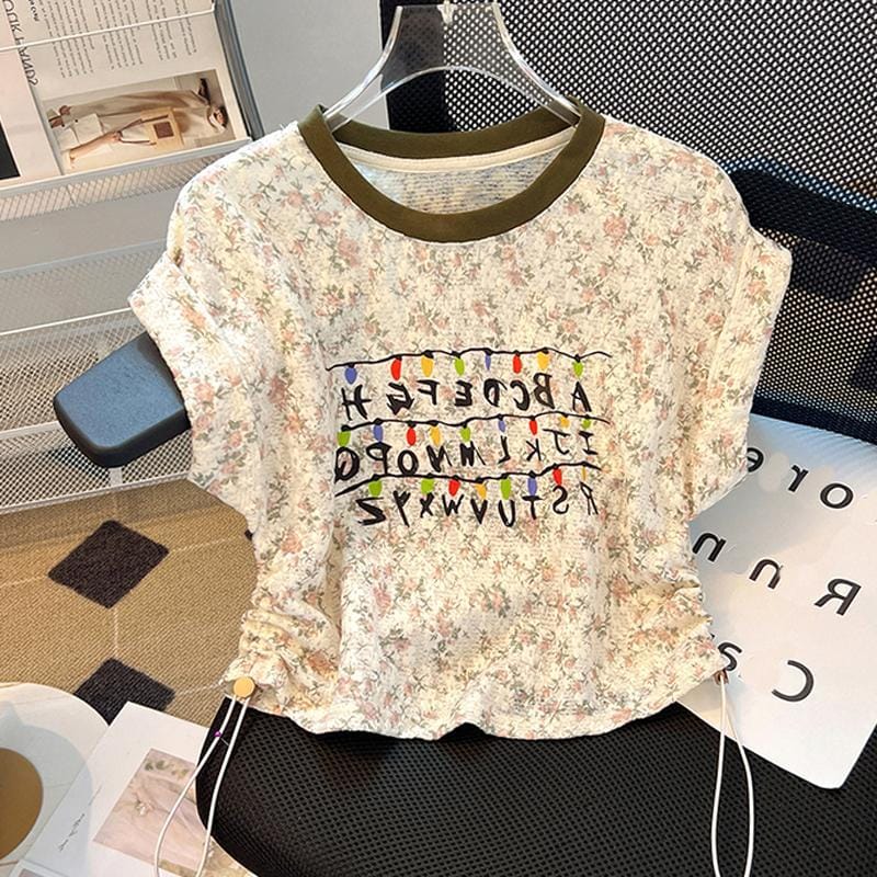 Drawstring T-shirt women's summer 2024 new hollow letter printed shoulder lace shirt plus size covered meat Joker top