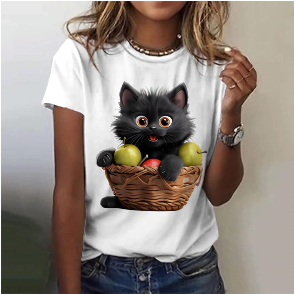 3D cute cat women's T-shirt fashionable printed Harajuku T-shirt short sleeved casual Kawaii girl T-shirt summer women's clothin