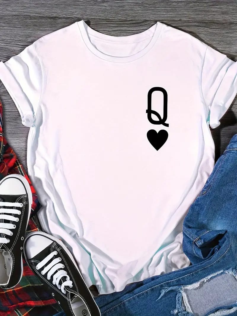 Casual Short Sleeve Top For Spring & Summer, Women's Clothing Q & Heart Print Crew Neck T-Shirt,