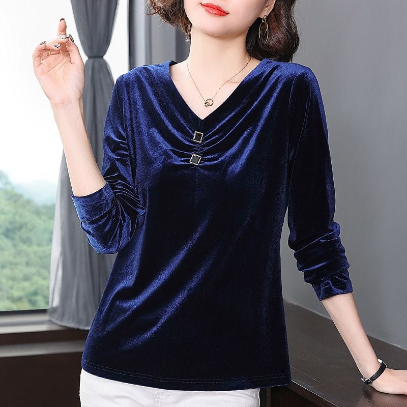 Commuter Versatile Women's Clothing 2023 Autumn Winter New Splice Button Folds V-Neck Long Sleeve Temperament Pullover T-shirt
