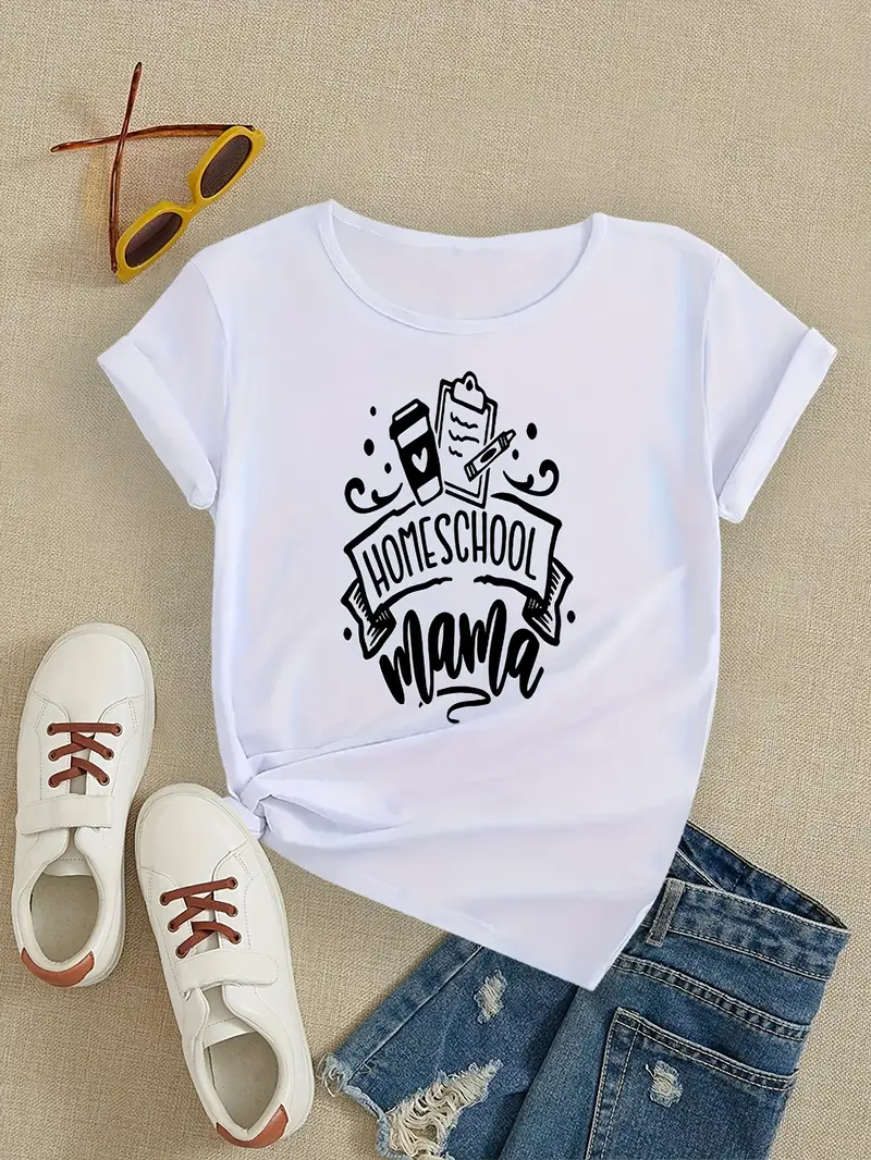 Mama Homeschool Printed Short Sleeved Casual Women's Fashion Women's Pattern T-shirt Women's Printed Summer T-shirt