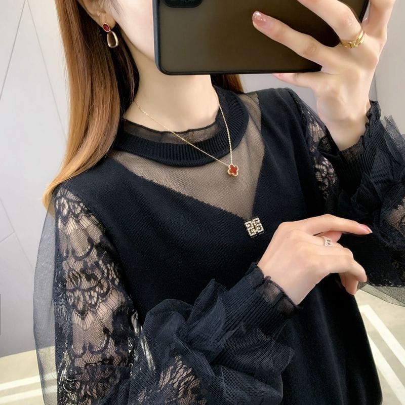 Spring and Autumn Women's Pullover Round Neck Long Sleeve Hollow Panel Solid Color Lantern Sleeve Embedding Fashion Casual Tops