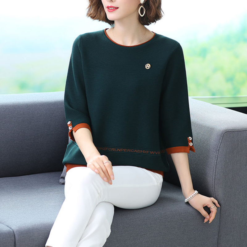 Spring and Summer New Elegant Casual Women's Clothing Splice Button Round Neck 3/4 Sleeve Solid Color Commuter Versatile T-shirt