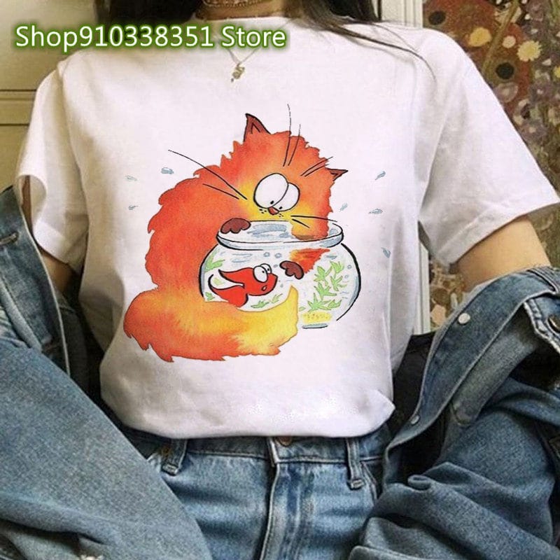 Women's Cute Cat Funny Cartoon Print Women T-shirt Shirt Harajuku Short Sleeve Korean Ladies O-neck T-shirt Tee Tops Clothing