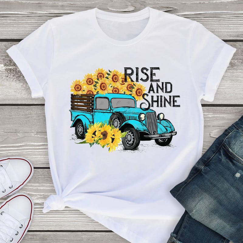 Women's Short Sleeve T-shirt Fashion Outdoor Truck Flower Print Instagram Base Shirt Tops  Graphic T Shirts  Aesthetic Clothes