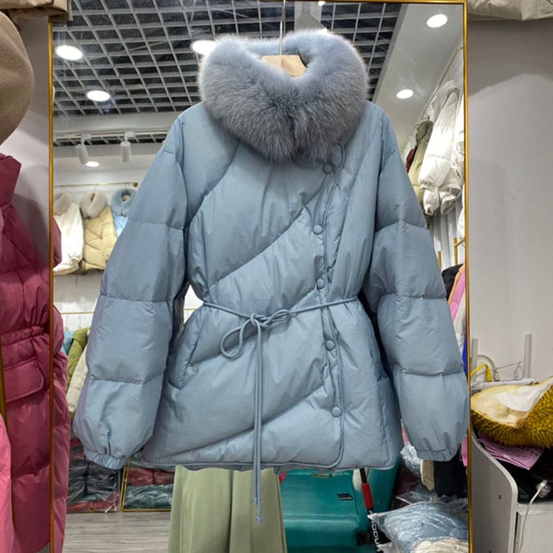 Women's Down Jacket Female Winter 2023 Down Coat Women Clothing Warm Down Jackets Real Fox Fur Collar Coats Eleagnt Belted