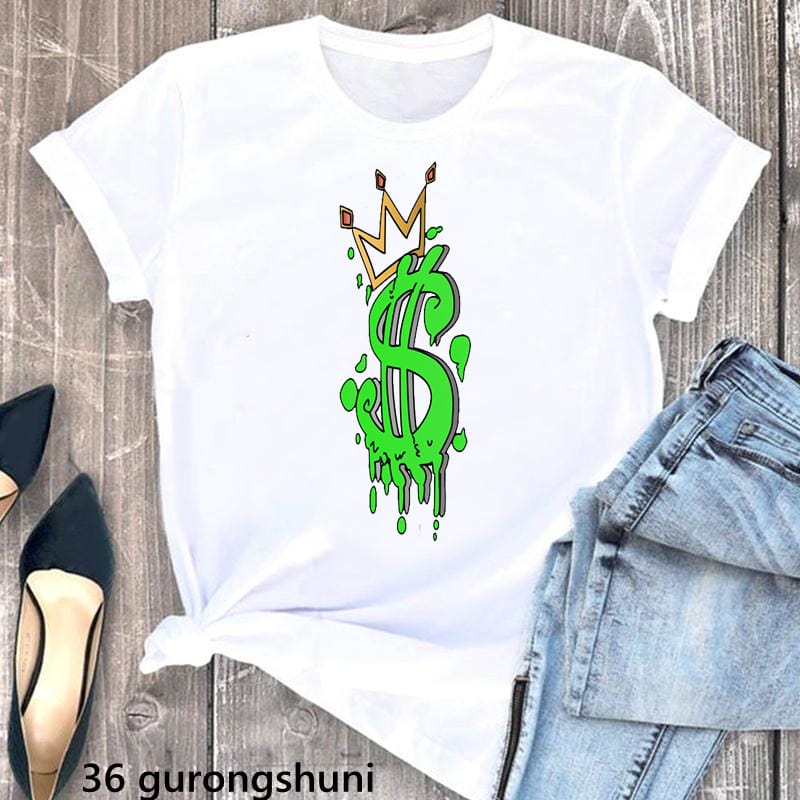 Money Is King Print Tshirt Women'S Clothing Summer Short Sleeve T Shirt Femme Harajuku Shirt Fashion White Female T-Shirt
