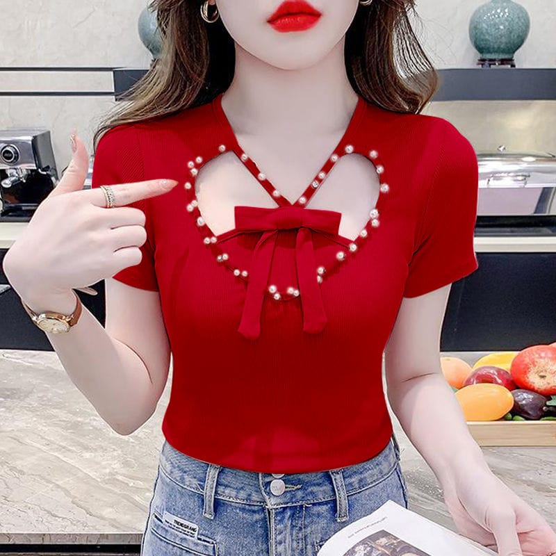 Short Sleeve Women's Summer 2024 New Beautiful Bow T-shirt Beaded Design Sense Niche Unique Chic Top