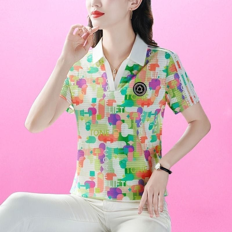 Fashion Summer 2024 New Women's Pullover Turndown Collar Patchwork Printing Letter Slim Fit Elegant Short Sleeved T-Shirts Tops