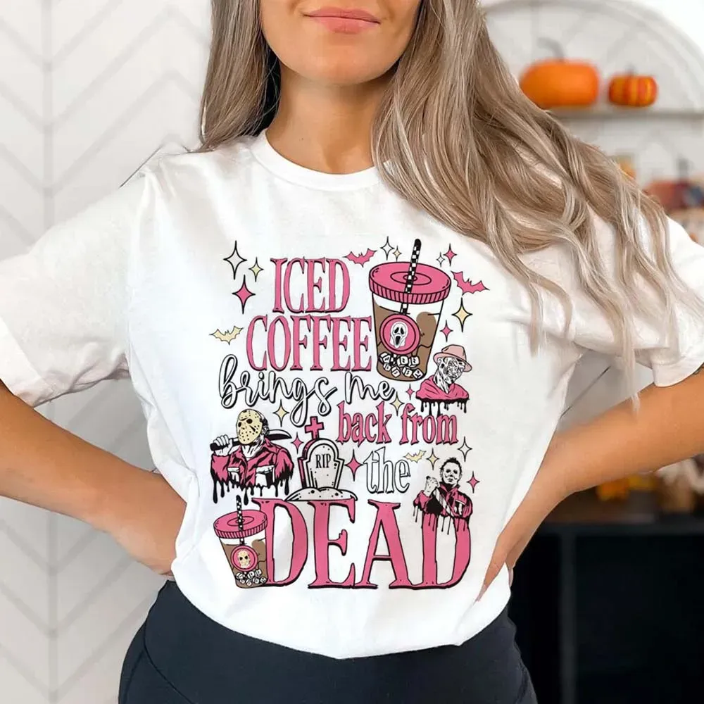 Sweet and Casual Halloween Cute 90s Fashion Women's T-Shirt Coffee Pattern T-Shirt Clothing Women's Short Sleeve Printed T-Shirt