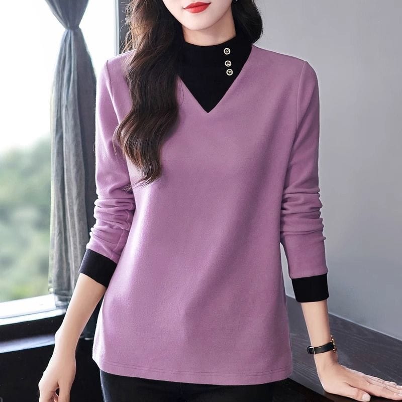 Fashion Stand Collar Spliced Fake Two Pieces T-Shirt Women's Clothing 2024 Spring New Loose Casual Tops Commuter Tee Shirt