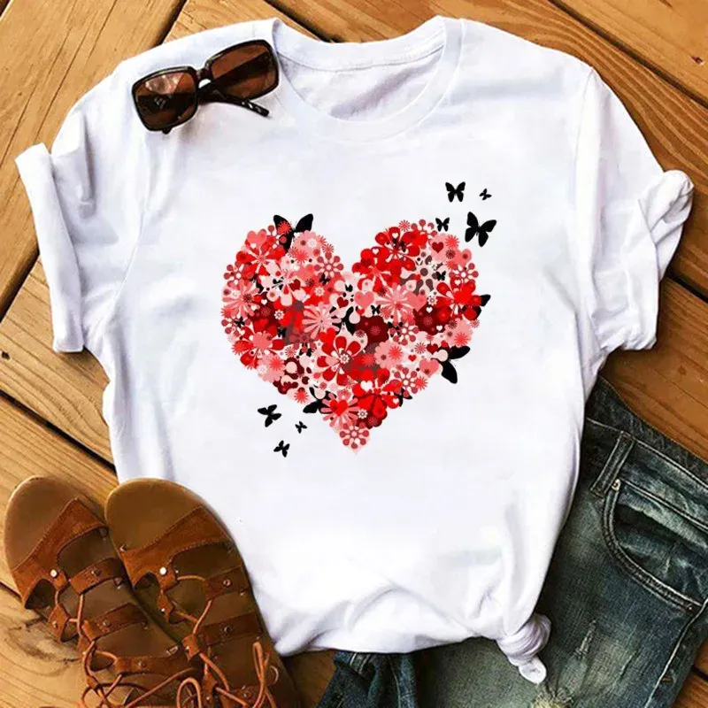 Hot Selling Plant Flower Love Printed T-shirt Women's Short Sleeve Casual Large Size Fashion  Crewneck Shirt  Oversized T Shirt