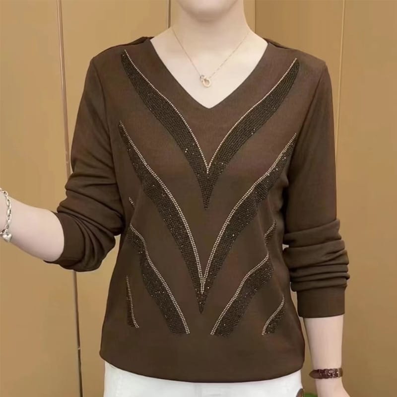 2023 Spring  Fashion Exquisite Hot Rolled Diamond V-Neck Elegant Loose Casual Versatile Women's Long Sleeve T-shirt