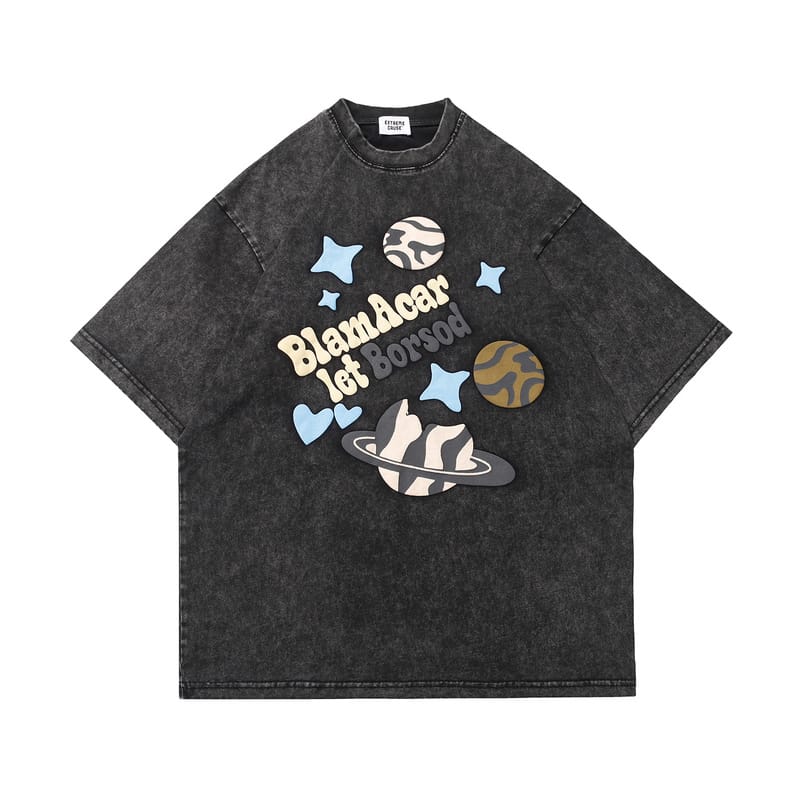 Creative Planet Graffiti Printing Loose Half Sleeved T-shirts Women Men Couples Y2K Washed Old Short Sleeved Women's Streetwear