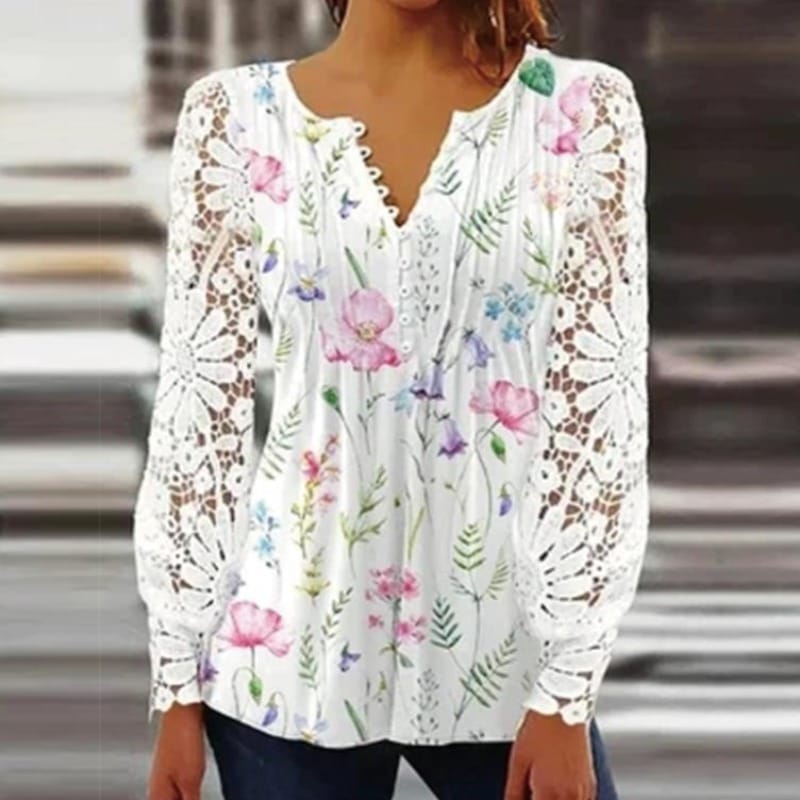 2023 Spring New Fashion Lace V-Neck Long Sleeve Sweet Fresh Printing Basic Casual Popularity Wild Comfortable Women's T-shirt