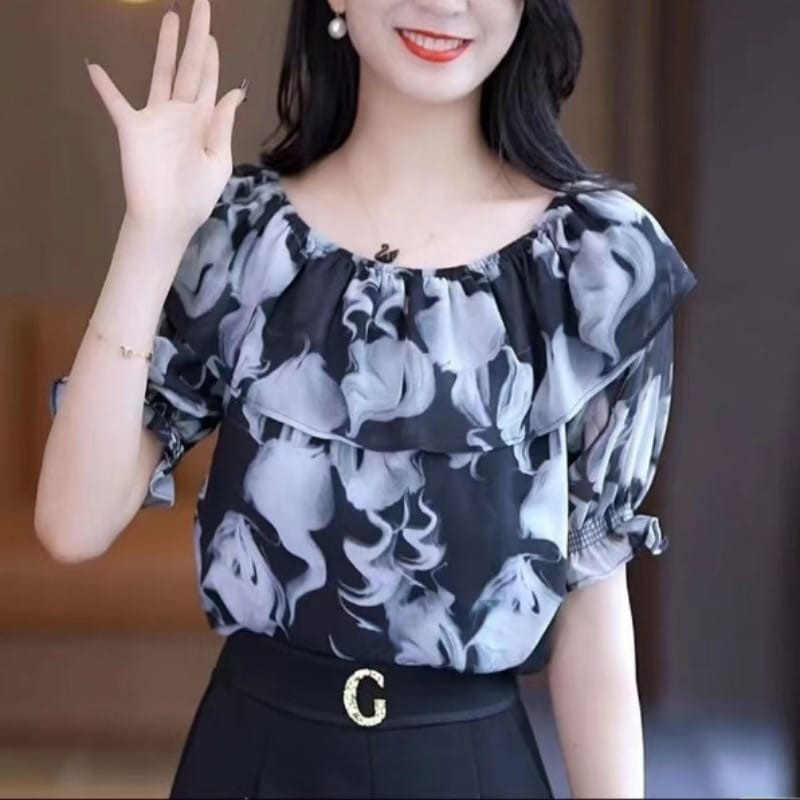 2024 Ruffle Edge Summer Women's Pullover Slash Neck Patchwork Folds Fashion Casual Loose All-match Short Sleeve Blouses Shirts