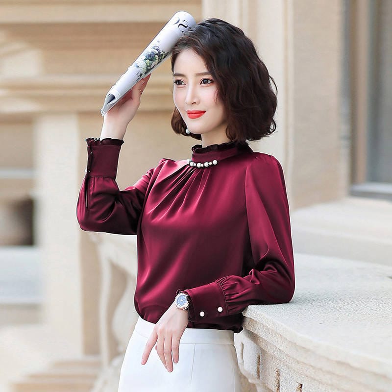 New Autumn Professional Shirts Women's Long Sleeves Ruffled Chiffon Blouse Beaded Business Shirts 5XL