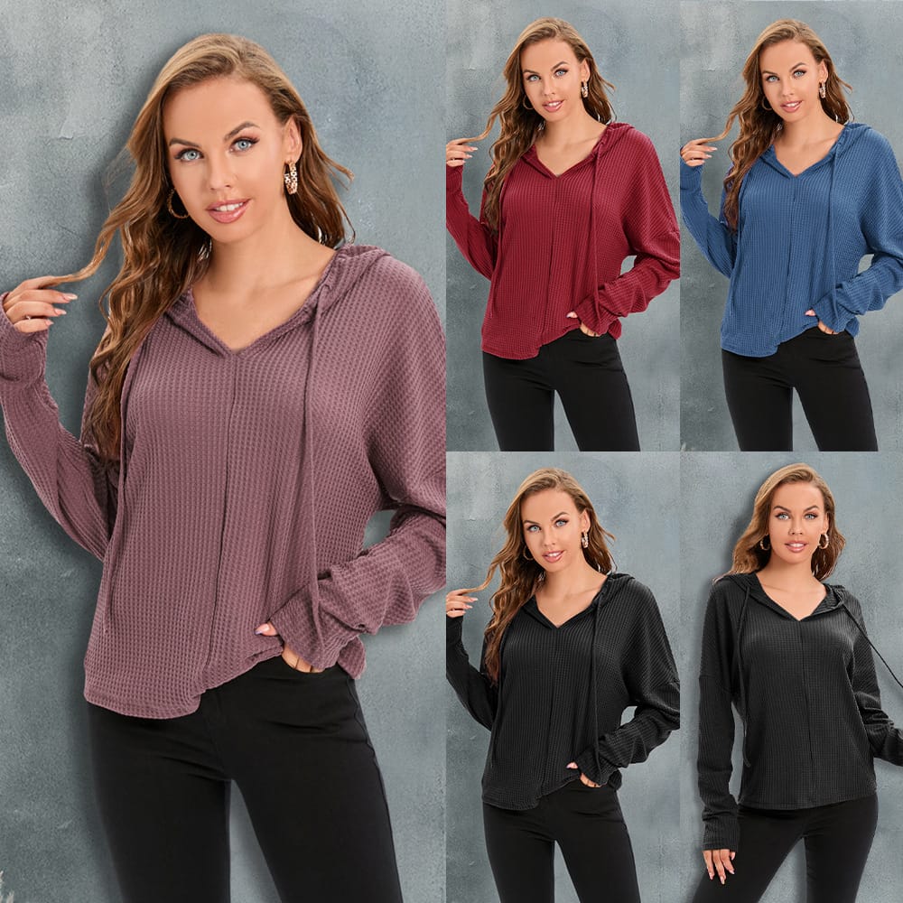 2023 Spring and Autumn Women's New Fashion Commuter Long Sleeve Hooded Drawstring Knitted Shirt Solid Color Casual Versatile Top