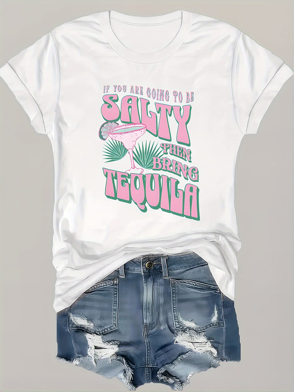 Cocktail Print Crew Neck T-Shirt, Casual Short Sleeve T-Shirt For Spring & Summer, Women's Clothing