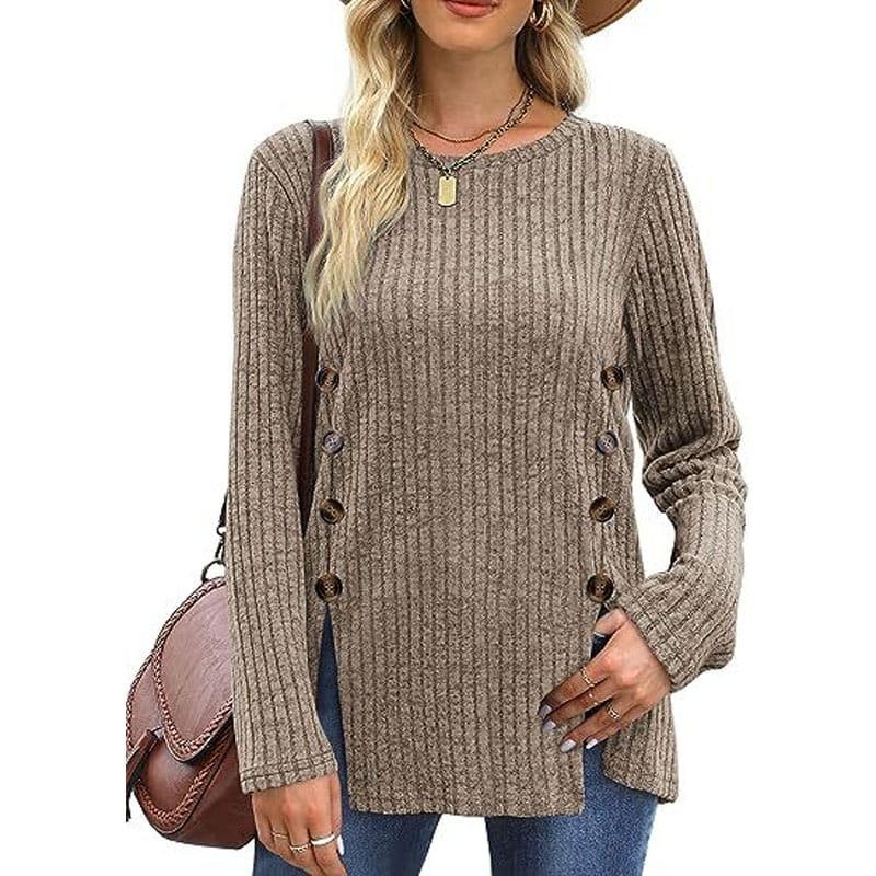 Women's Clothing Commuter Versatile 2023 Autumn and Winter New Splice Button Round Neck Long Sleeve Solid Color Casual Pullover