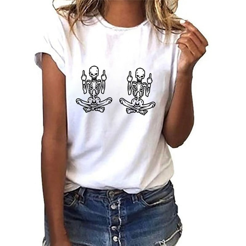 Summer Skeleton Gesture Harajuku Printed Women's T-shirt Dark Gothic Casual Short Sleeve Summer Men's and Women's Tops Tee
