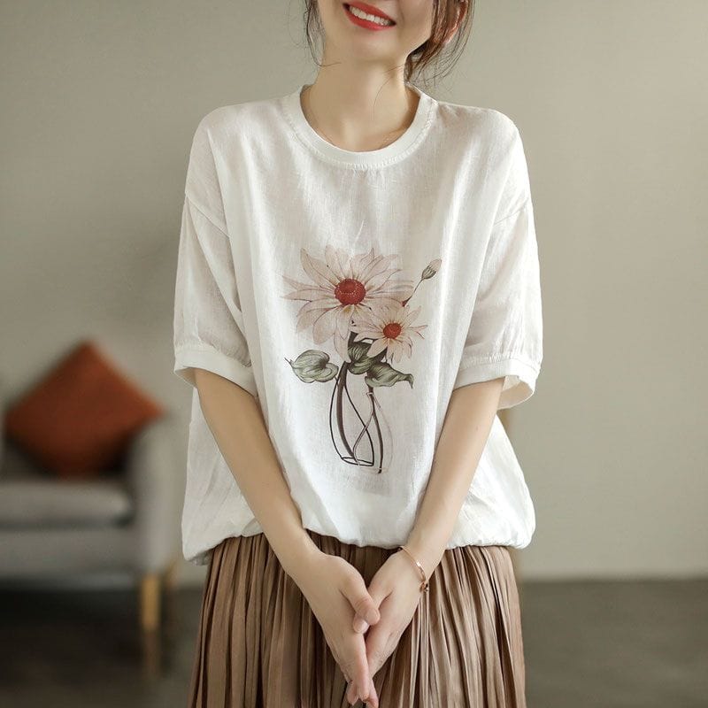 Women's 2024 Summer New Retro Cotton and Hemp Printed Loose Pullover O-Neck Spliced Fashion Minimalist Casual Short Sleeved Top