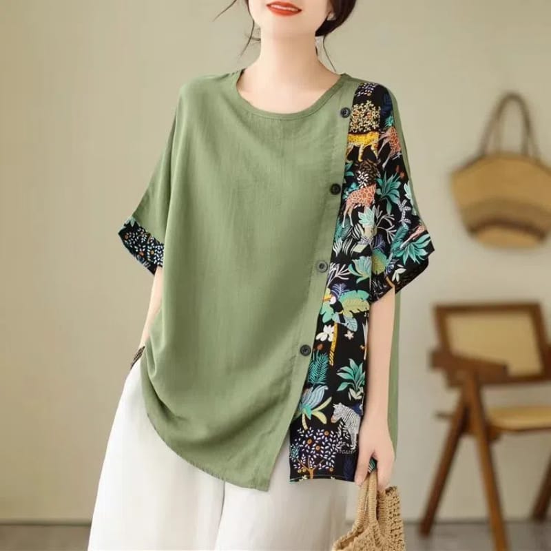 Korean 2024 Summer Women's New Pullover O-Neck Spliced Button Printed Fashion Loose Elegant Casual Short Sleeve T-Shirts Tops