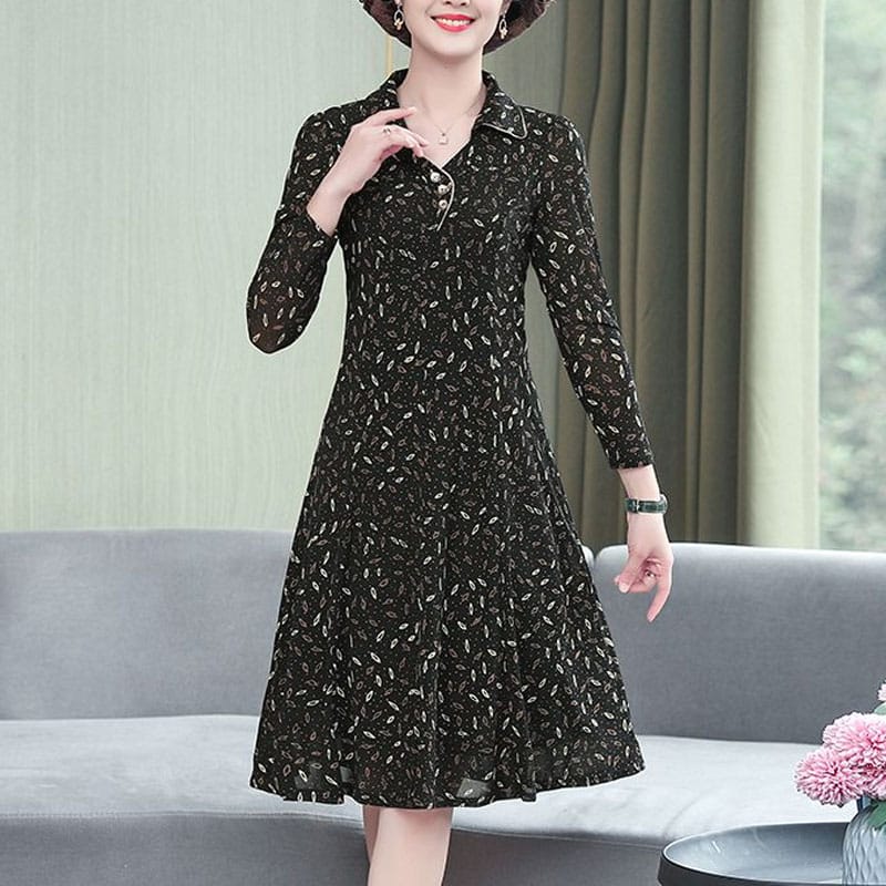 2023 Autumn Women's New Polo V-Neck Long Sleeve Small Fragmented Flower Long Sleeve Spring Slim Fit Style Yoya Comfortable Dress