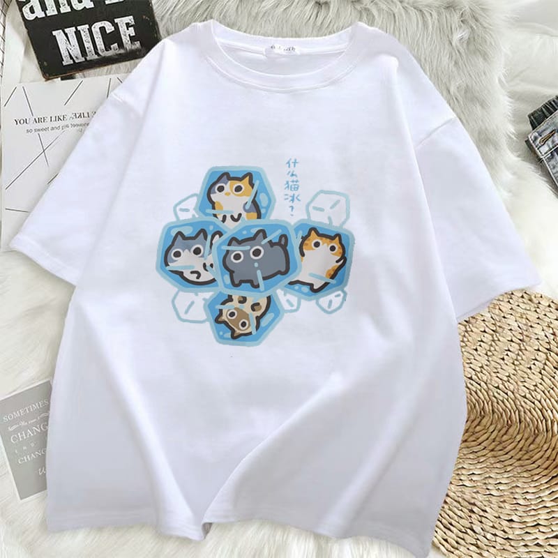 Women's T-shirts What Cat Ice Is Funny Fun Graphic Niche Problem Loose Gray Short Sleeved T-shirt Men Couple Tops