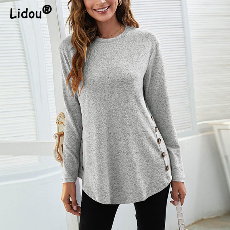 2023 Autumn Women's New Product Commuter Round Neck Casual Button Long Sleeve Comfortable Solid Color Versatile Casual Top