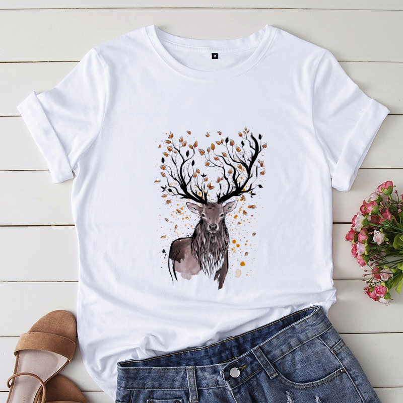 Leisure Fashion Clothing Printing Vintage T-Shirt Women's Short Sleeve T-Shirt Women's Leisure Cartoon Deer Pattern O-Neck T-Shi