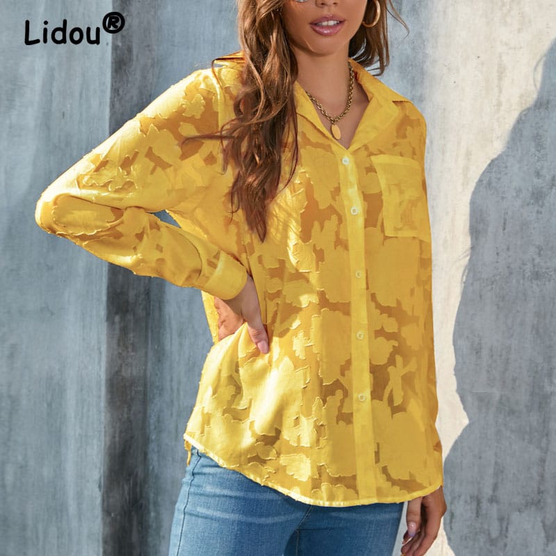 2023 Spring and Autumn Women's New Fashion Commuter Loose Relaxed Chiffon Polo Long Sleeve Solid Color Comfortable Versatile Top