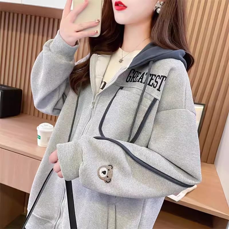 Contrasting Hooded Coat Women's Spring and Autumn Thin 2024 New Loose Korean Long-Sleeved Top Spring Cardigan Sweatershirt