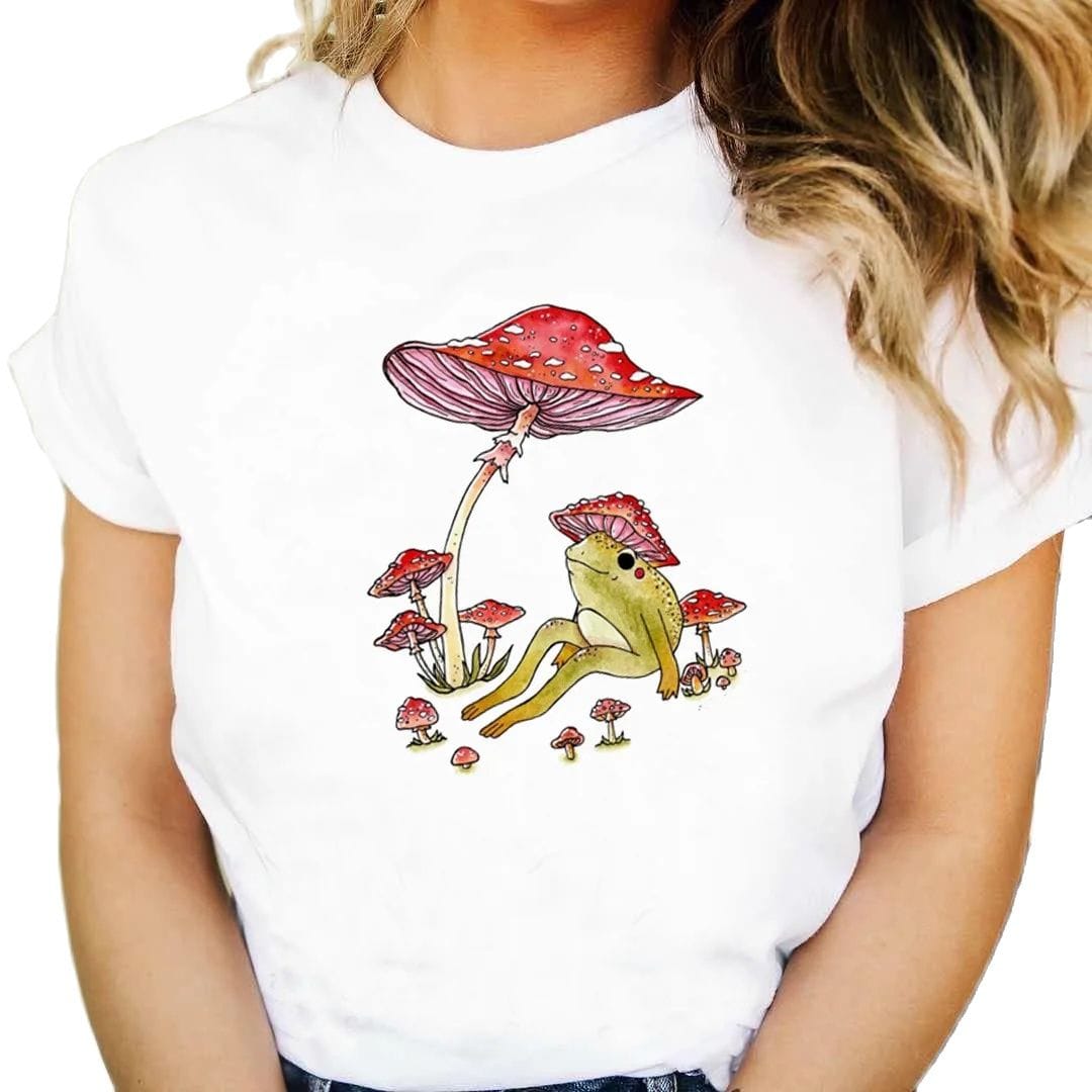 Frog Mushroom Plant Round Neck Print White T-shirt Short Sleeve Women's Wear Pro Choice Pro Choice Aesthetic Graphic T Shirts