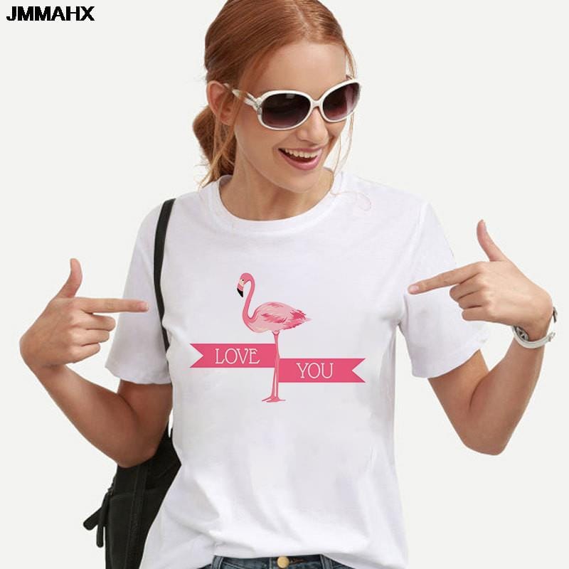 Flamingo Printing Women's T-shirts Gothic Casual Womens Tops T Shirt Harajuku Female Clothes For Woman Short Sleeve White Tshirt