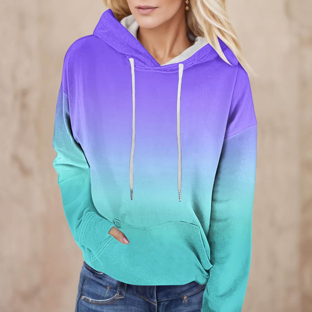Women's Suitable Trendy Casual Loose Sweatshirts Long Sleeve Gradient Patchwork Hooded Pullover Fall Clothes With Pocket