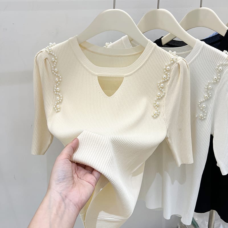 Women's Clothing 2024 Summer Fashion Beaded Hollow Out Elegant Chic Knitted T-shirts Casual O Neck Short Sleeve Solid Basic Tops