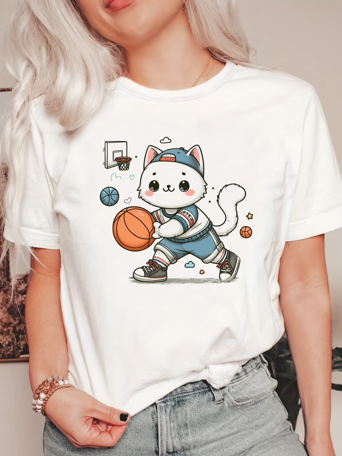 Cartoon Cat Print T-shirt, Short Sleeve Crew Neck Casual Top For Summer & Spring, Women's Clothing