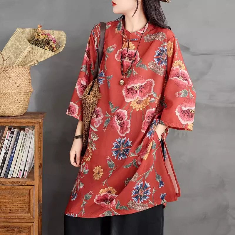 Ethnic Style Women's Summer Clothes 2024 New Large Size Retro Printed Ramie Shirt Chinese Style Button Up Tang Qipao Top K1837