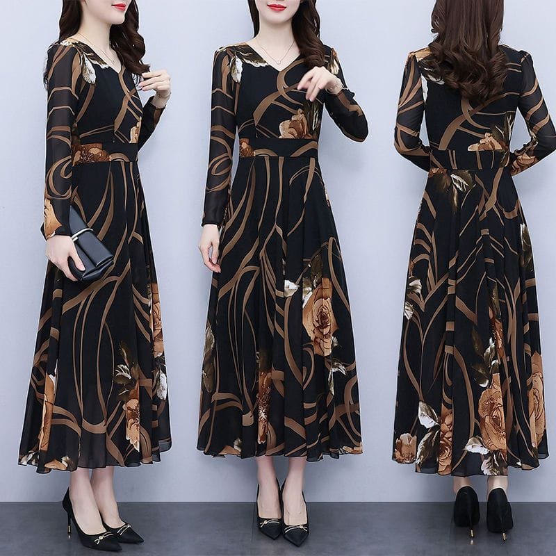 Spring Women's New Fashion V-neck Long Sleeve Temperament Dress Autumn Print Elegant Comfortable Casual Long Fashion Dress