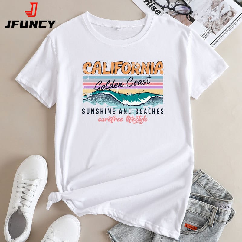 JFUNCY Women's Graphic T Shirts 2024 Summer Women Tee Top Short Sleeve Cotton Tshirt Korean Fashion Female Oversized T-shirt