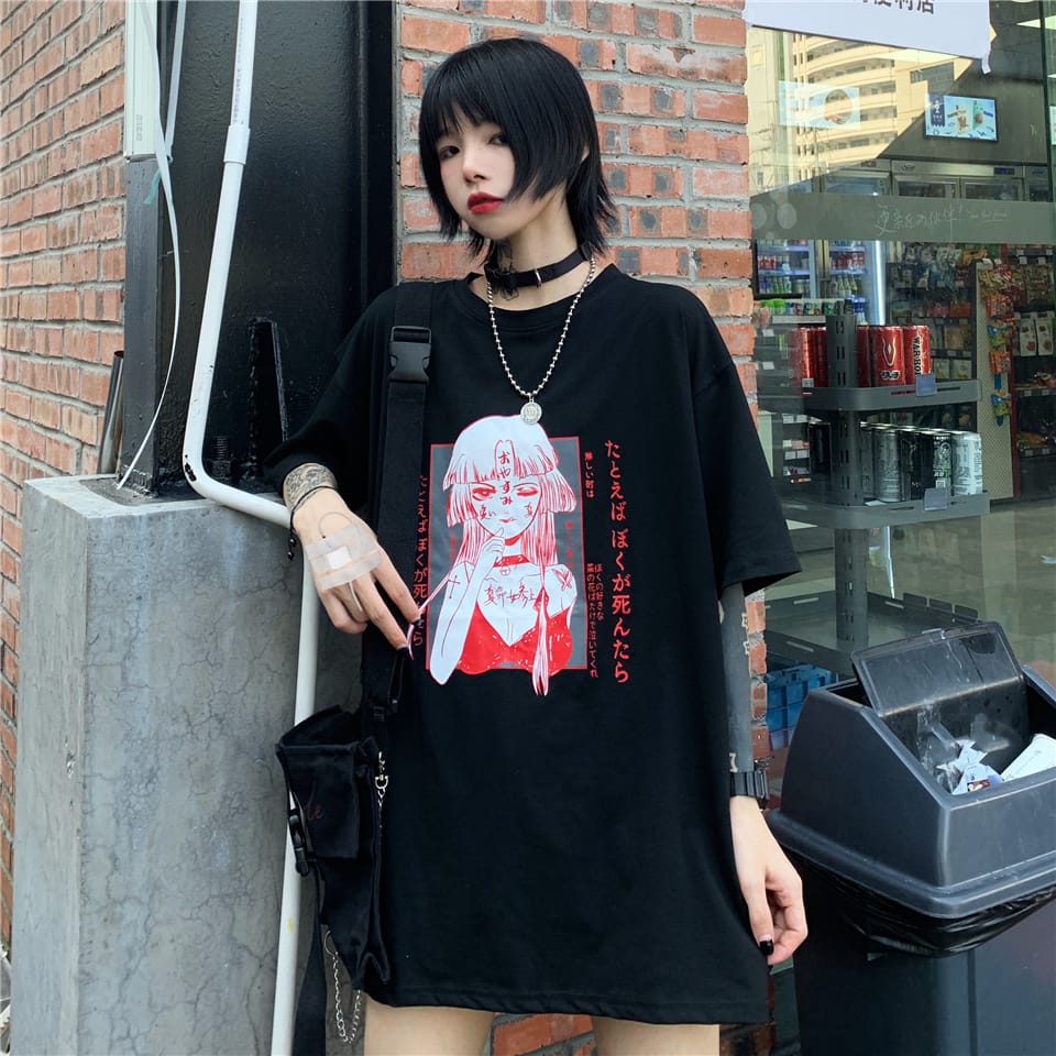 Japanese Harajuku Short Sleeved T-shirt Women's Summer Cartoon Printing Casual Oversize Long Loose Top