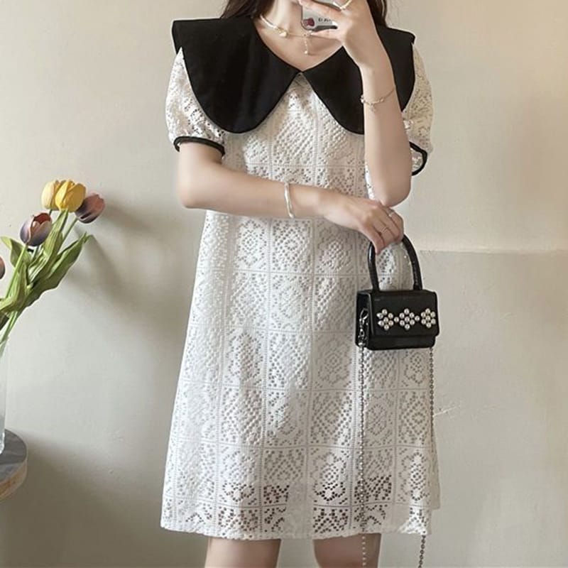 2024 Doll collar lace hollow short sleeved slimming women's fashionable straight leg summer dress  sexy dress