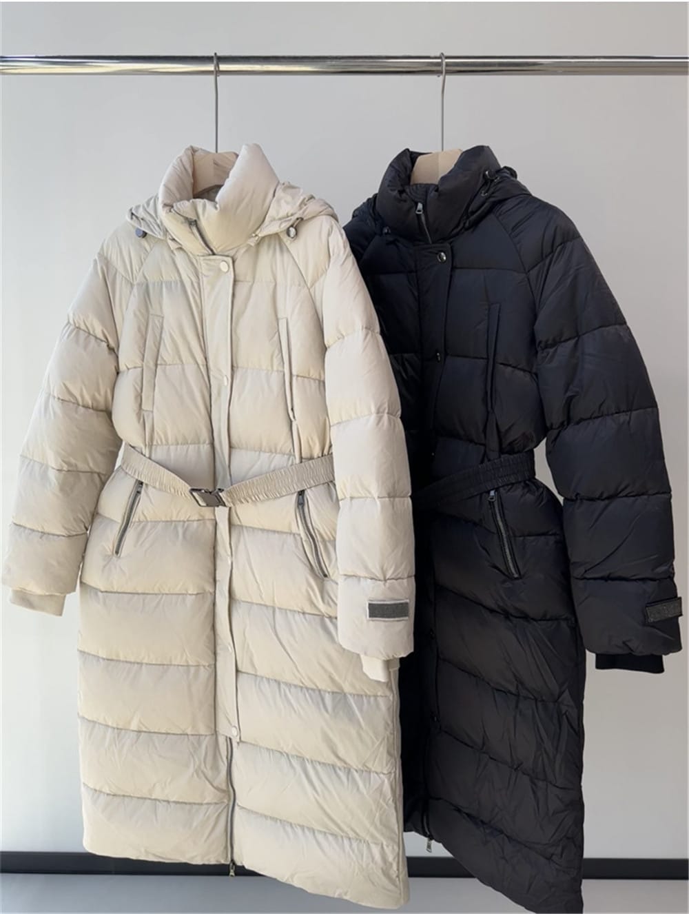 Women's Winter Goose Down Jacket B*C New Long Over The Knee Hooded Belt Waist Temperament Warm Down Coat Clothing