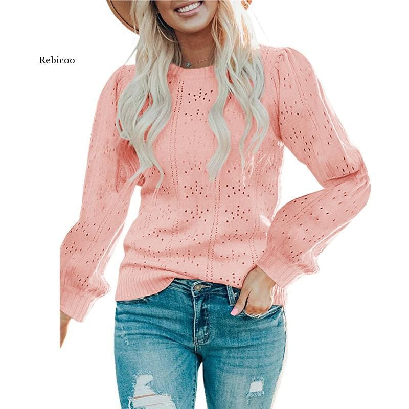 Sweater women's 2022 autumn and winter new lantern sleeve solid color bottoming shirt hollow knitted sweater