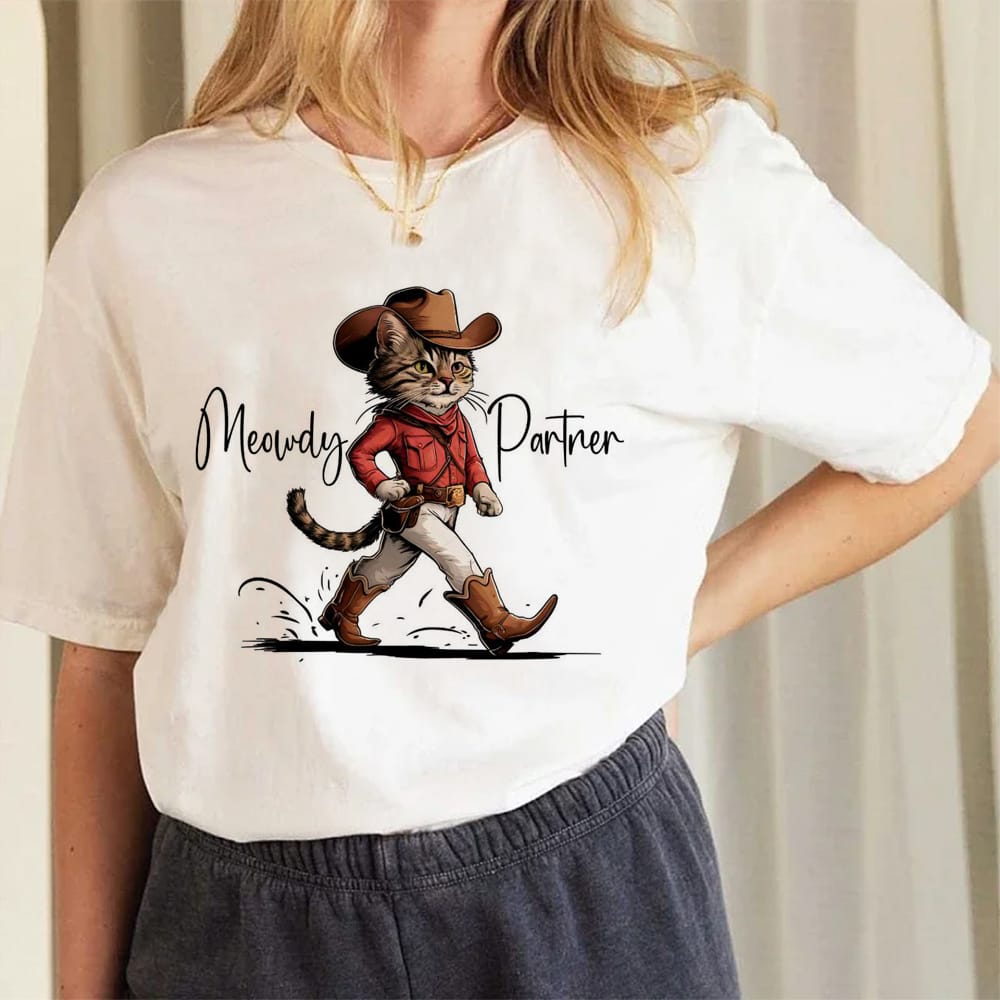 Western Cowboy Cat Cartoon Pattern Printed Fun 90s Top Women's New Summer T-Shirt Clothing Casual Basic Trendy Printed T-Shirt