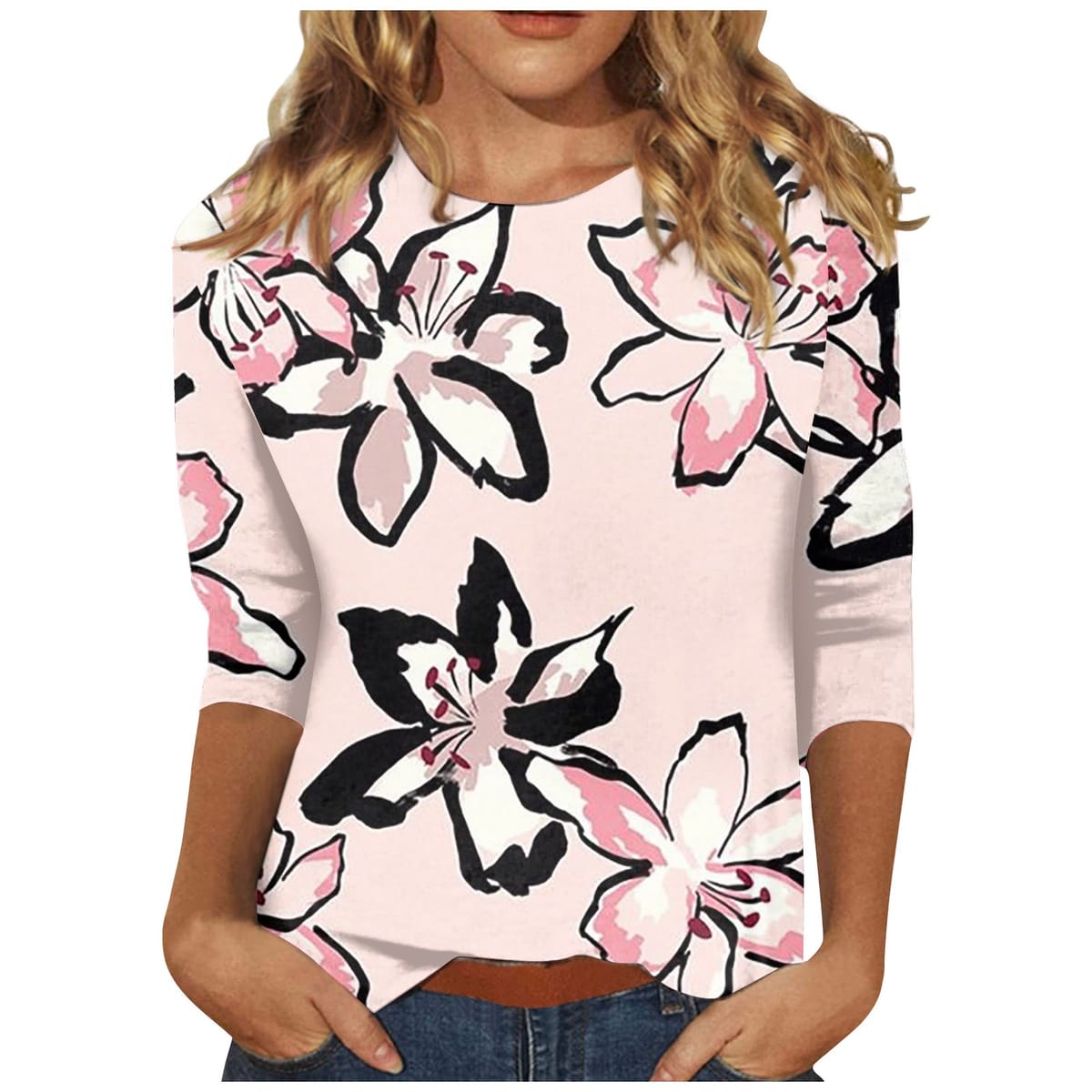 Summer Women's T-shirt Street New Fashion Loose Seven-point Sleeve Shirt Floral Printed Casual Round Neck T-shirt Top
