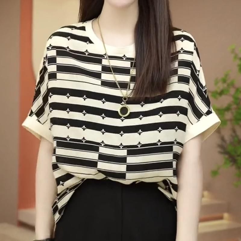 Temperament Elegant Versatile Women's Top Summer New Simplicity Stripe Printed Round Neck Short Sleeve Casual Commuter Shirt
